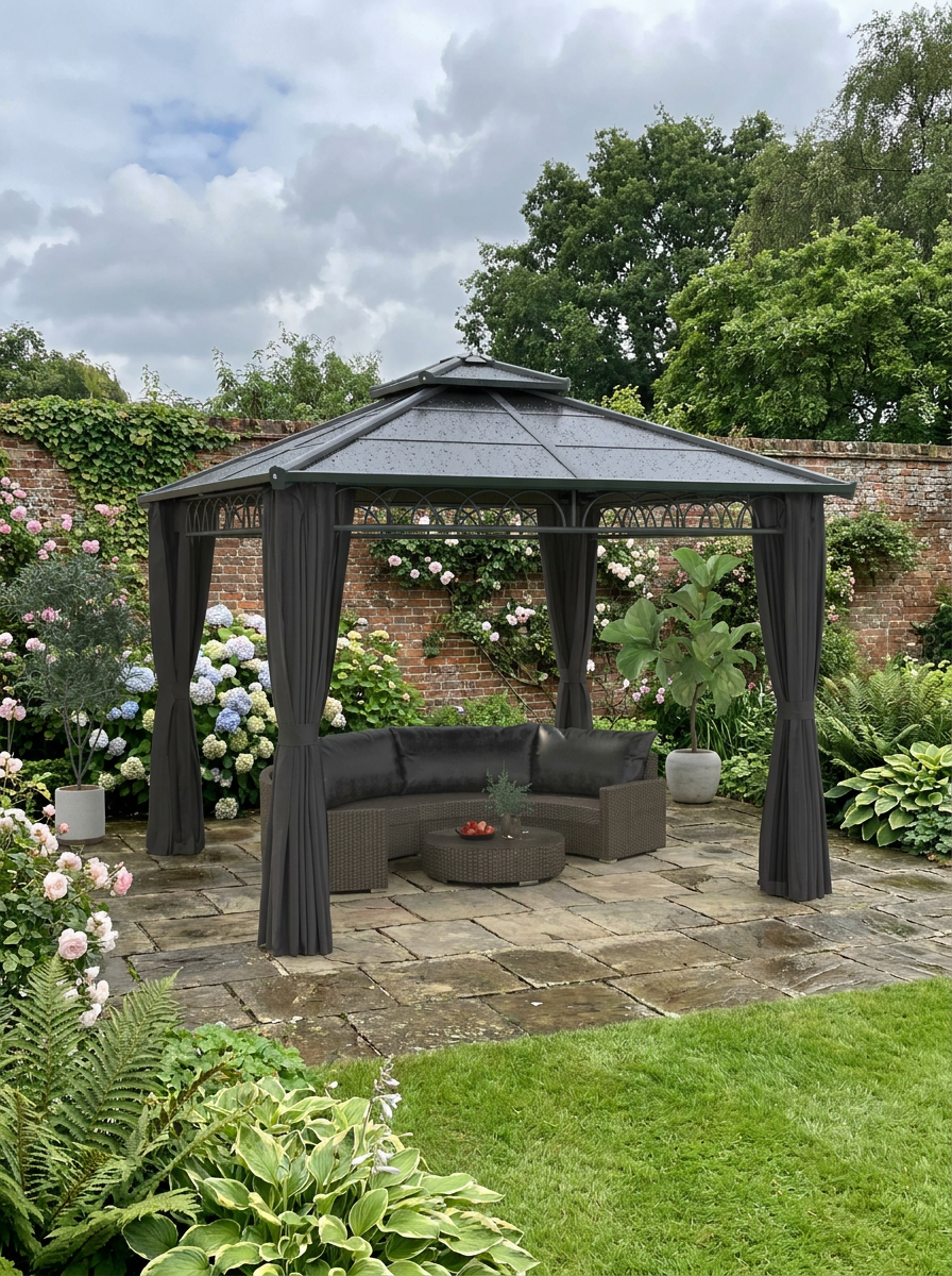 Dark Grey 3m x 3m Hardtop Gazebo - 7mm Double Polycarbonate Roof, Permanent Pavilion with Mosquito Netting and Curtains for Patio and Deck