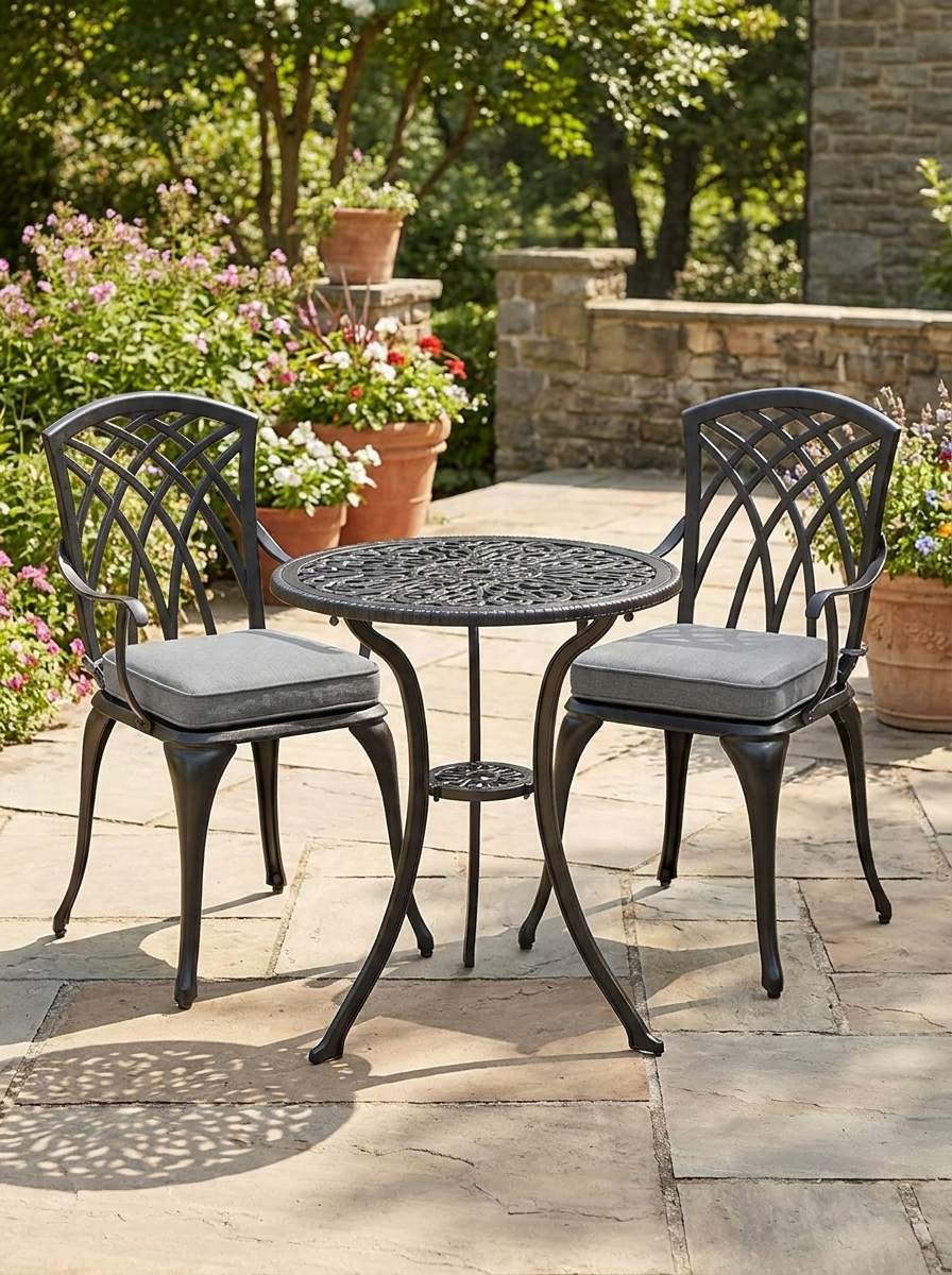 3 Piece Black Cast Aluminium Garden Bistro Set for 2 - Outdoor Coffee Table Set with Cushions, Rust Resistant, Parasol Hole, Perfect for Patio and Balcony