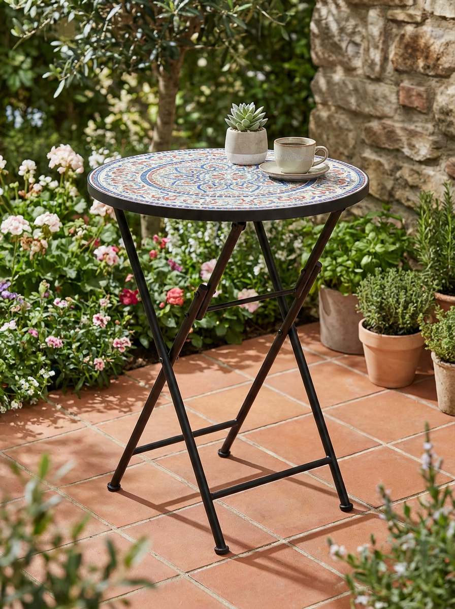 Mosaic Round Folding Garden Table, 35.5cm Metal Frame Coffee Table for Balcony, Multicolour