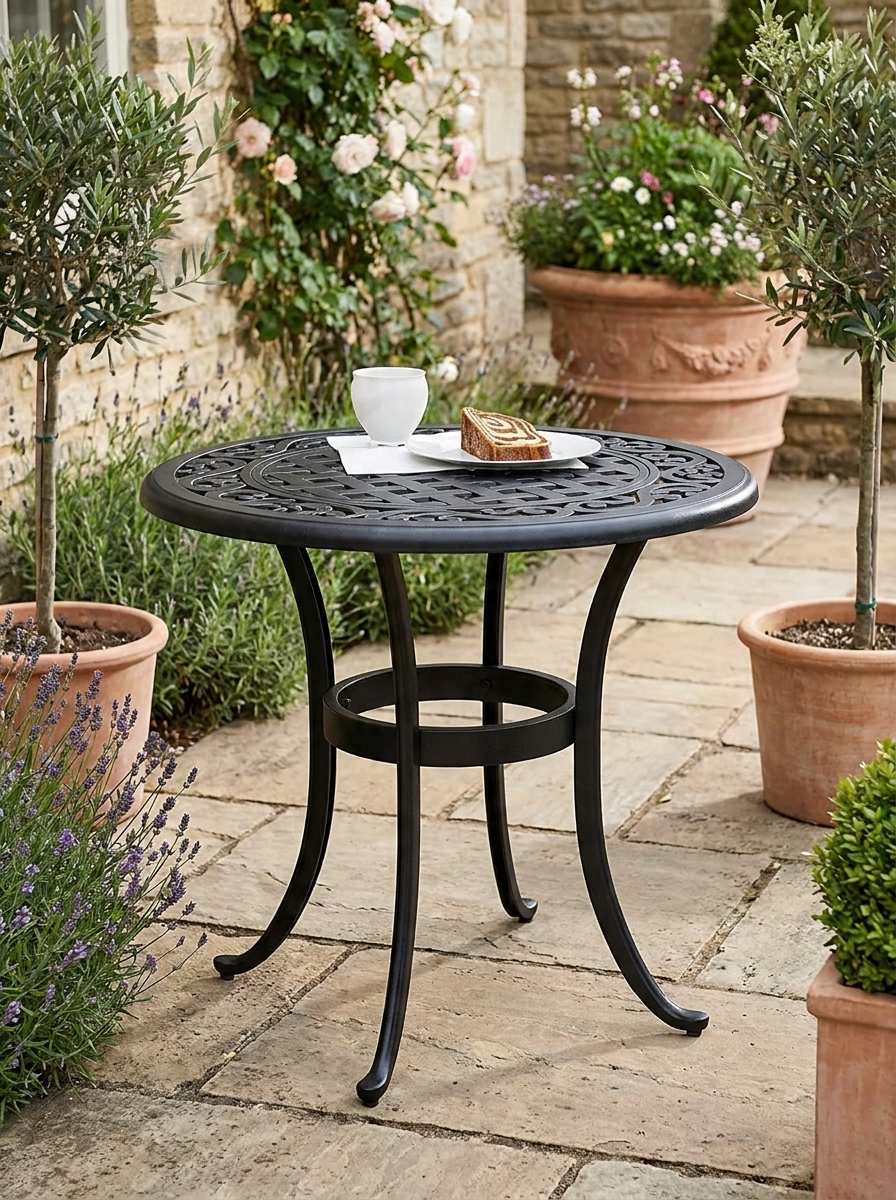 60cm Black Round Garden Table - Outdoor Hollow Top Design Side Table with Cast Aluminium Frame for Patio, Garden, Balcony