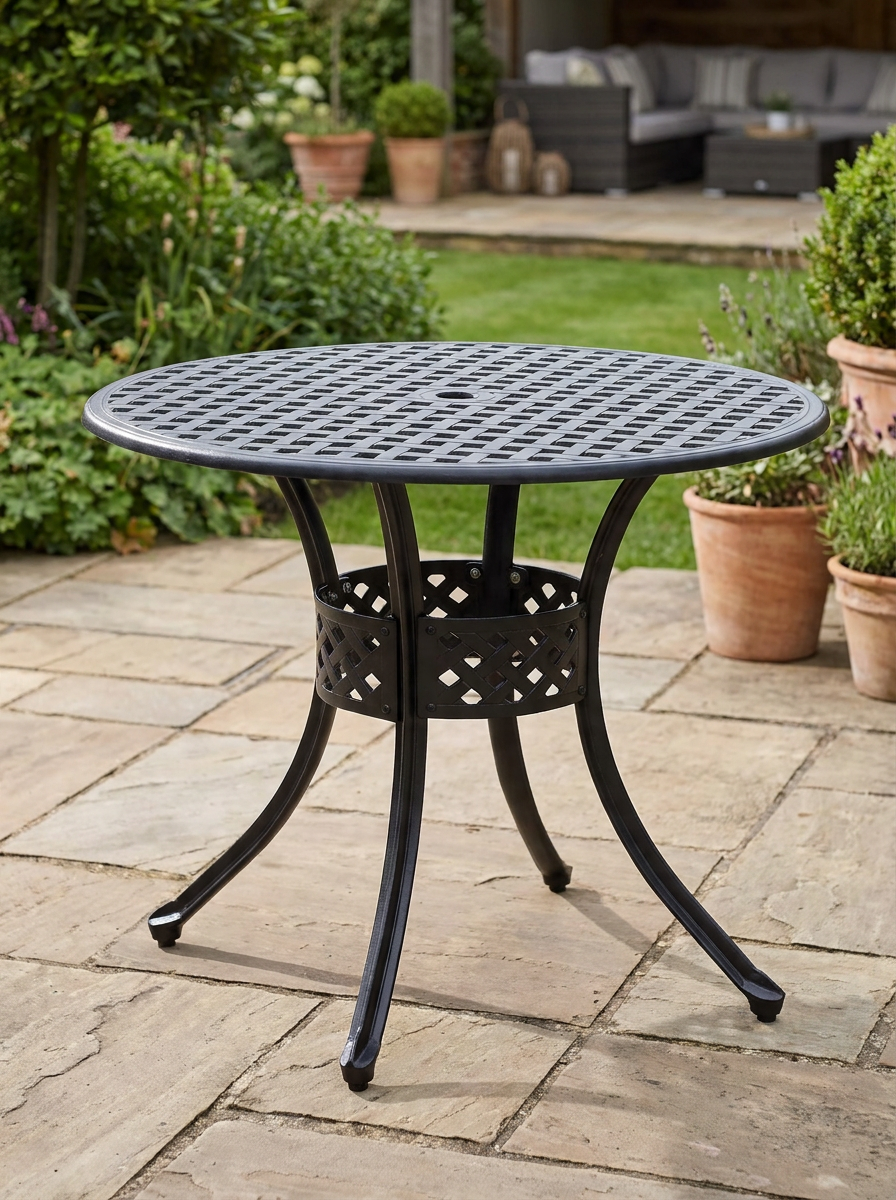Black Round Outdoor Dining Table with Parasol Hole - 78cm