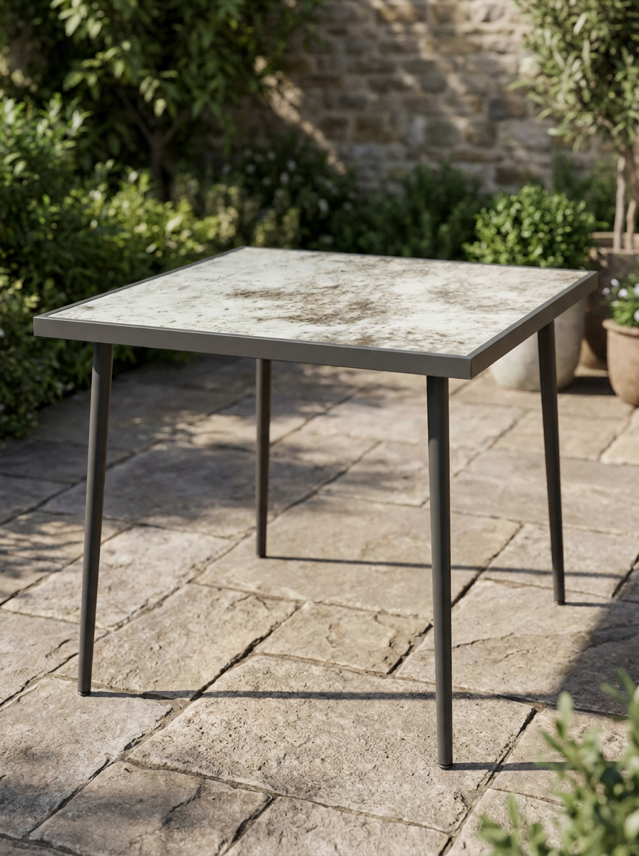 Grey Square Outdoor Dining Table for 4 with Marble Glass Top