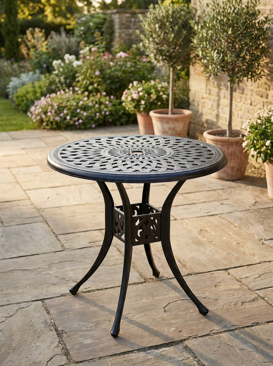 Black 85cm Round Outdoor Dining Table with Umbrella Hole