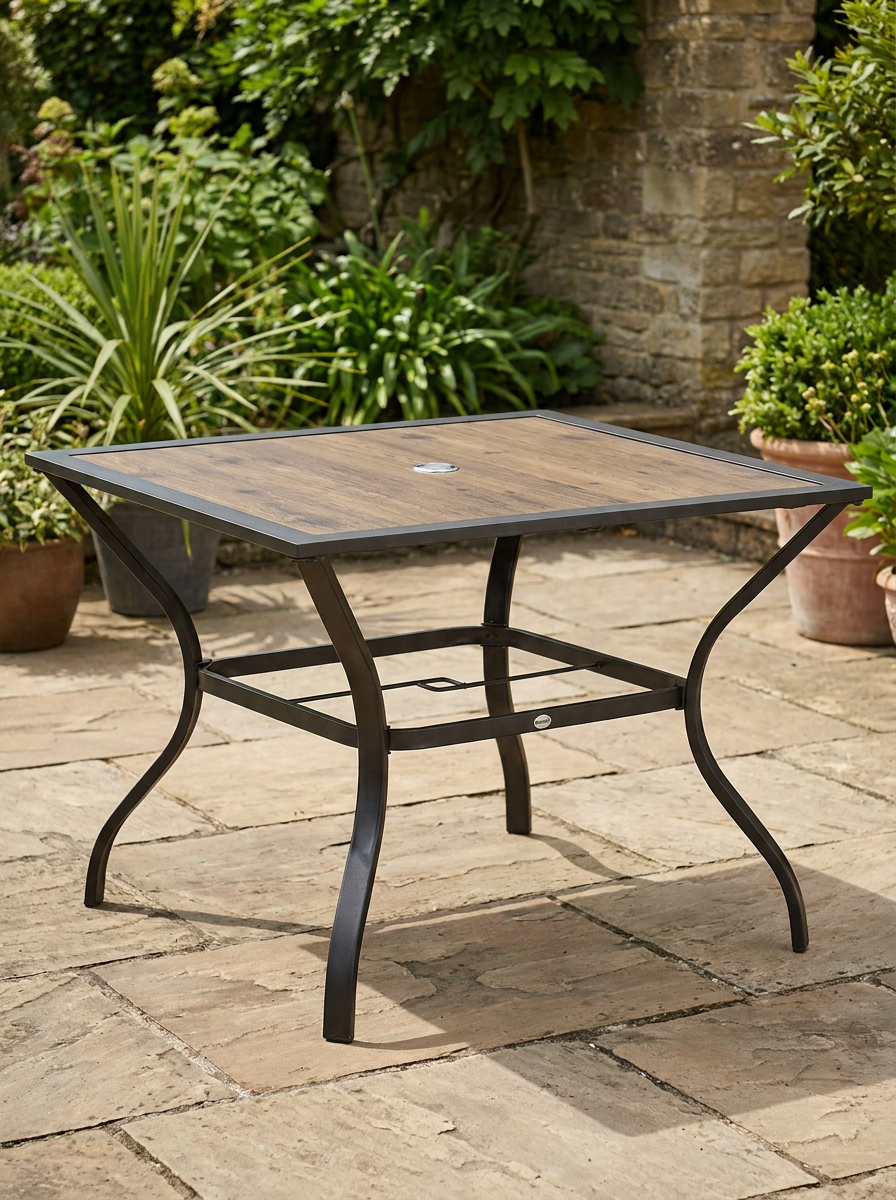 Brown Outdoor Dining Table for 4 with Parasol Hole, Stone-Grain Effect Top