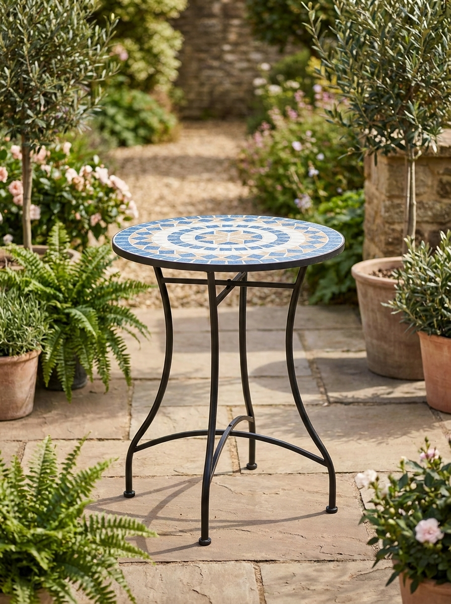 Blue Mosaic Round Bistro Table - Outdoor Patio Furniture