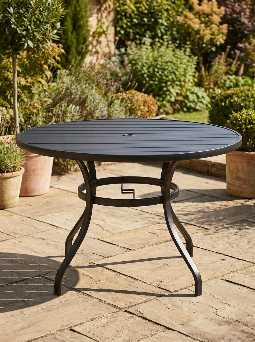 Black Round Outdoor Dining Table for Four with Parasol Hole