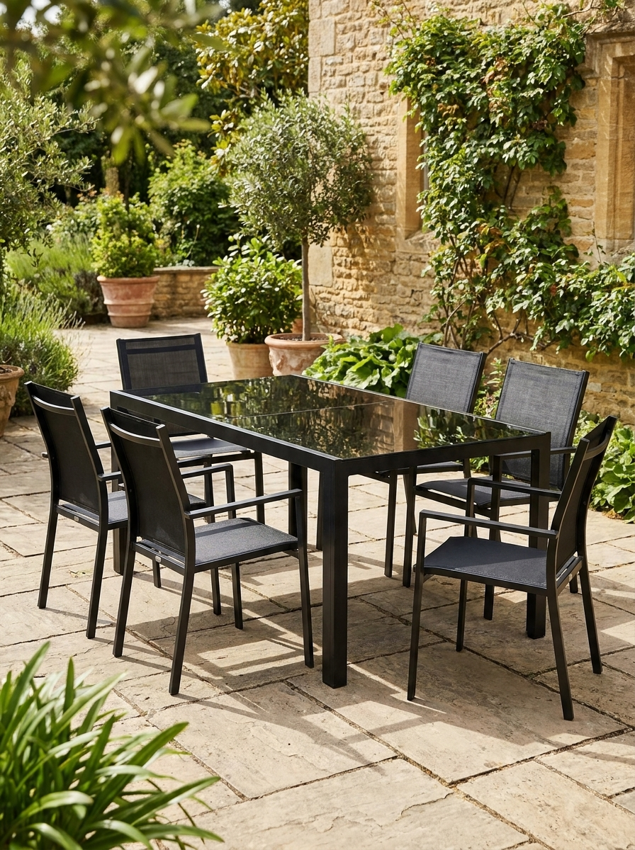 Black 6-Seater Outdoor Aluminium Dining Table with Glass Top