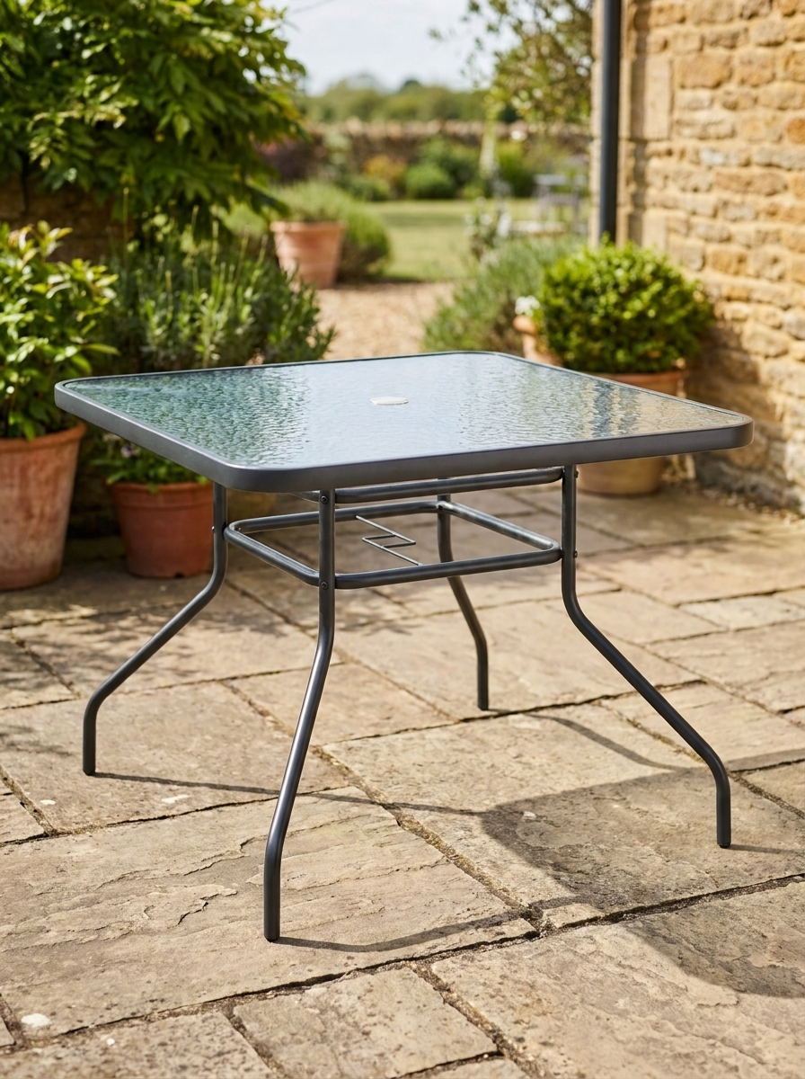 Square Garden Dining Table with Tempered Glass Top & Umbrella Hole