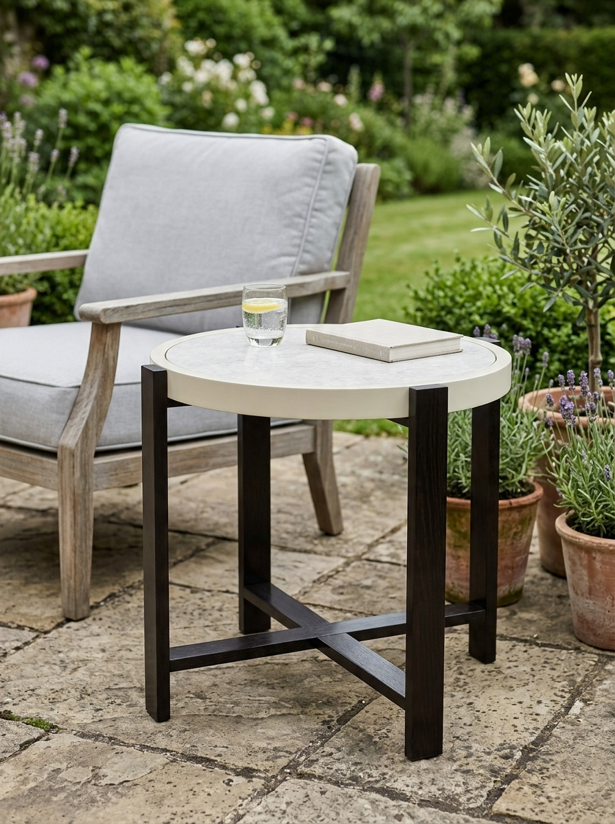60cm Round Small Garden Table - Outdoor Side Table with Faux Marble Top, Light Grey Aluminium Frame