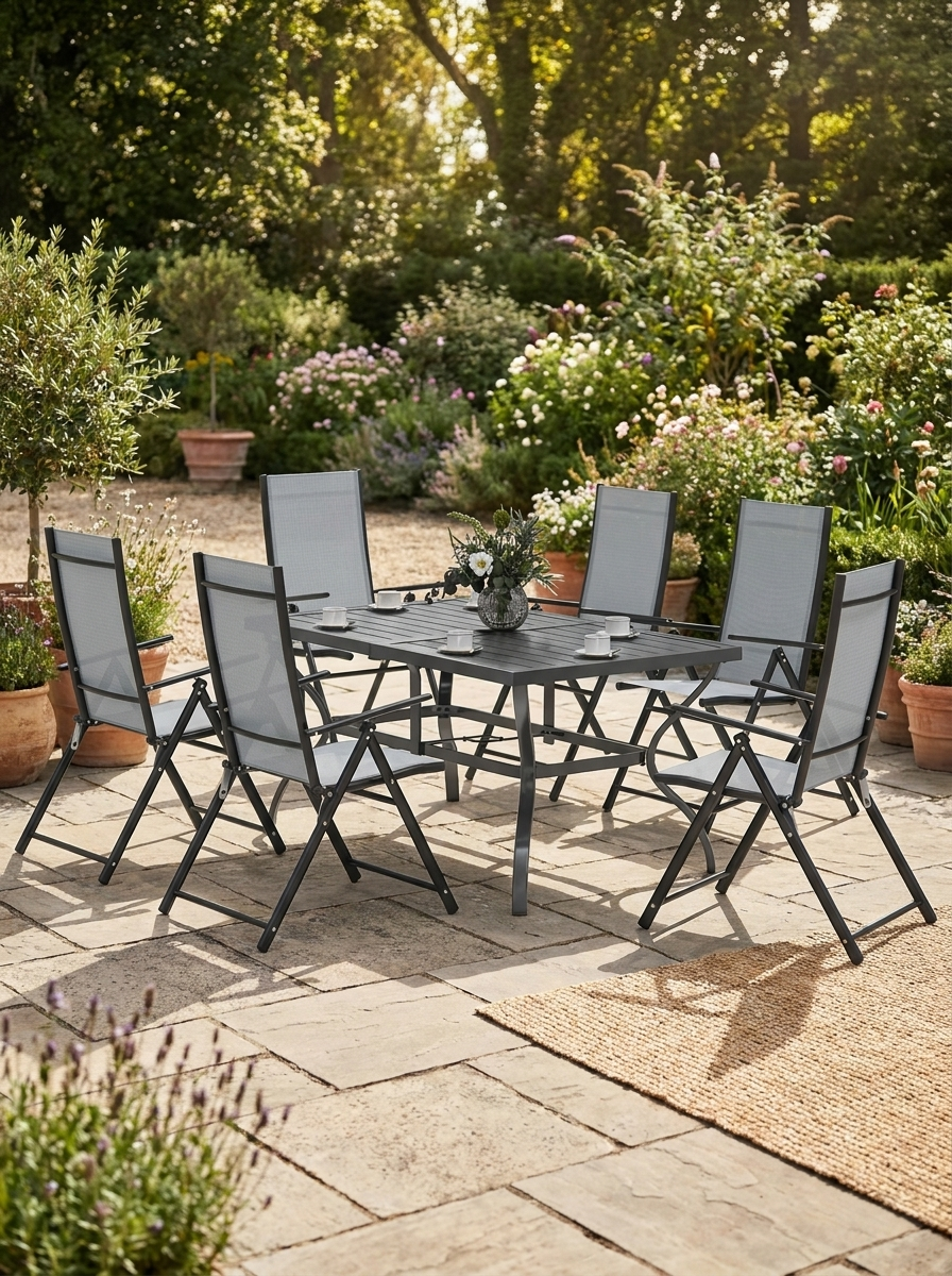 7-Piece Steel Outdoor Dining Set with Parasol Hole - Grey - Perfect for Patio and Garden