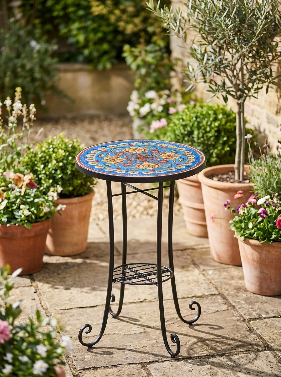 35.5 cm Round Blue Mosaic Garden Table - Ceramic Tile Top Outdoor Bistro Table with Shelf for Patio, Balcony, Indoor Use