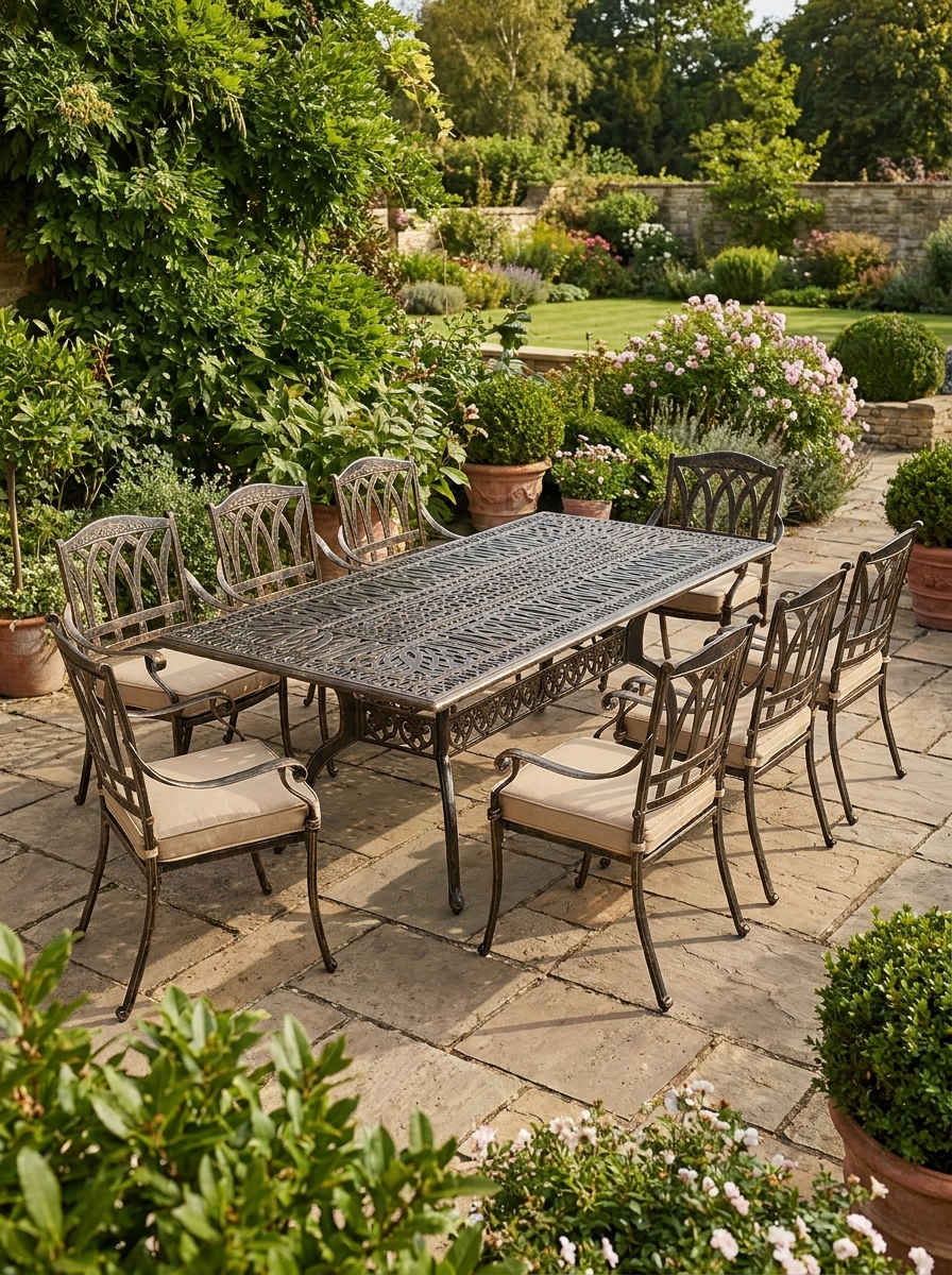Nine-Piece Bronze Tone Cast Aluminium Garden Dining Set - Outdoor Furniture, Large Size