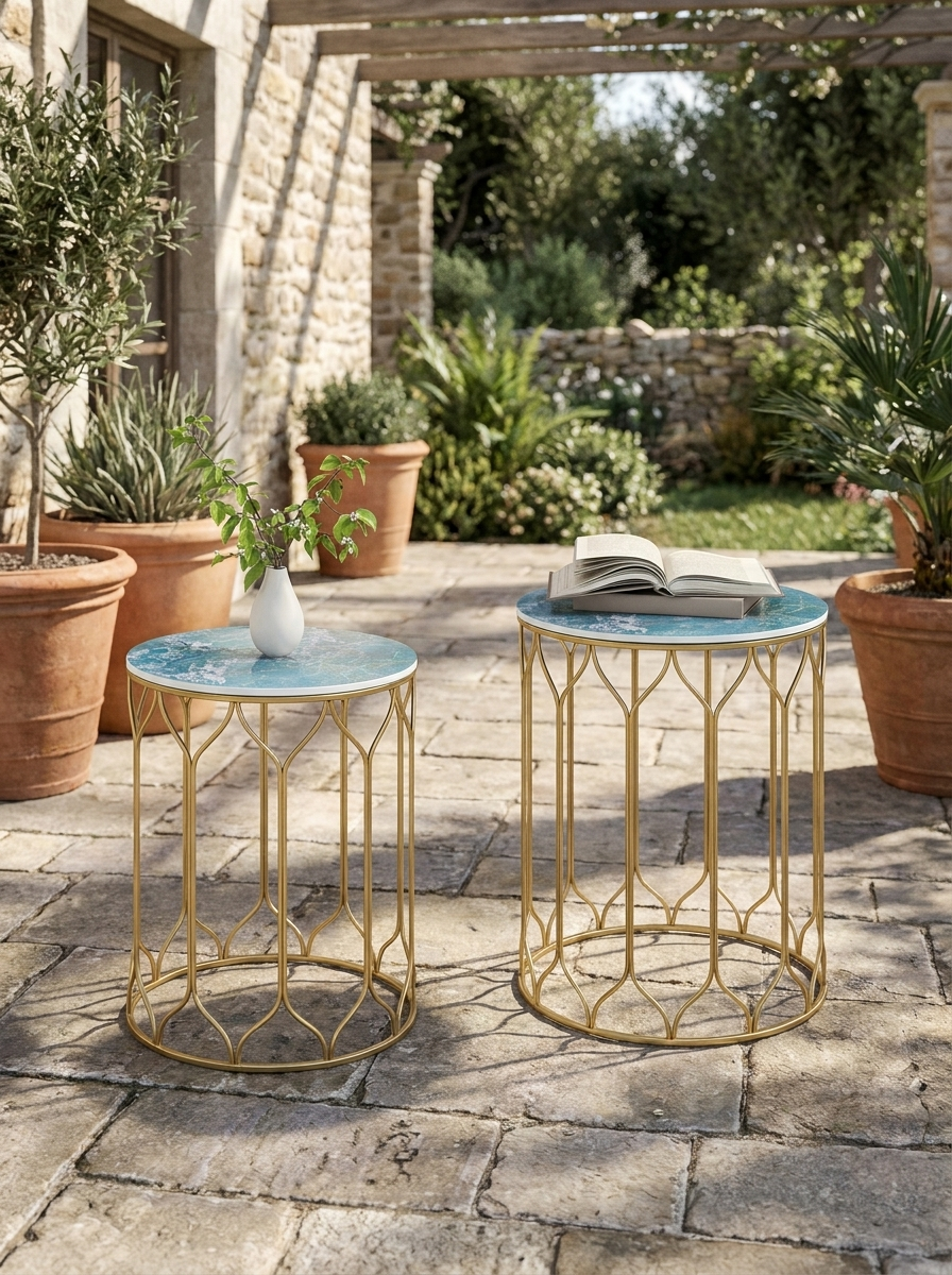 Multicoloured Ceramic Tile Top Nesting Side Table - Set of 2 - End Tables with Metal Frame