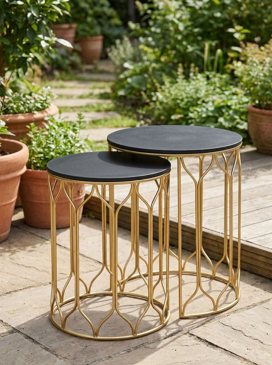 Set of 2 Black Ceramic Tile Top Nesting Tables - Multifunctional Indoor Outdoor Small Garden Side Tables with Metal Frame for Patio, Balcony, Porch