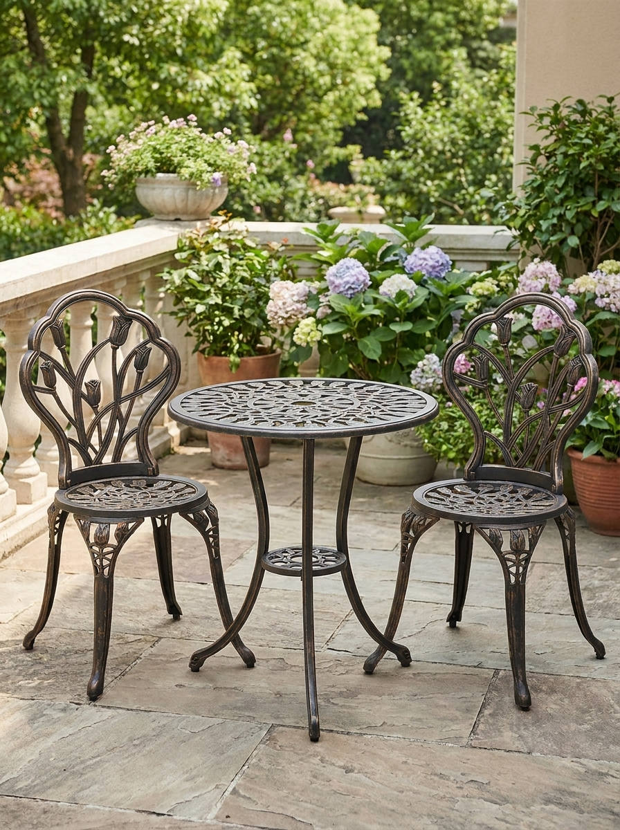 3 Piece Bronze Outdoor Patio Bistro Set for 2 - Aluminium Garden Table and Chairs with Umbrella Hole for Balcony
