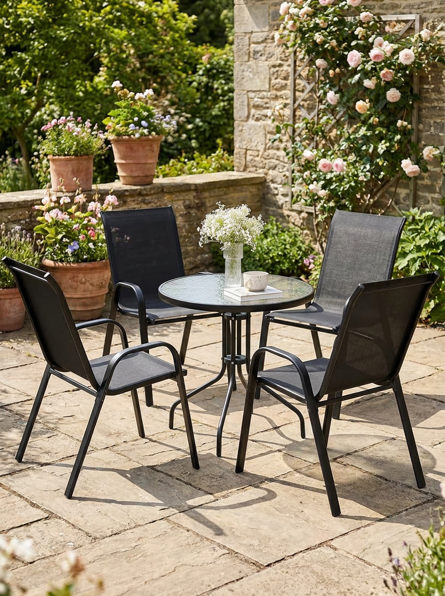 5-Piece Black Steel Patio Set with Glass-Top Table - Outdoor Furniture for Garden and Balcony