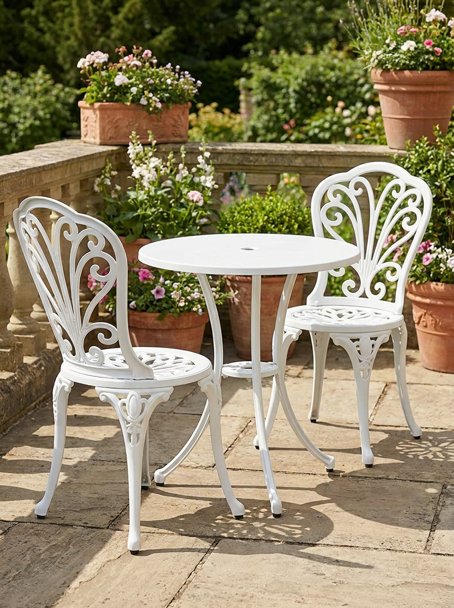 3 Piece White Patio Bistro Set for 2 - Outdoor Aluminium Garden Table and Chairs with Umbrella Hole for Balcony