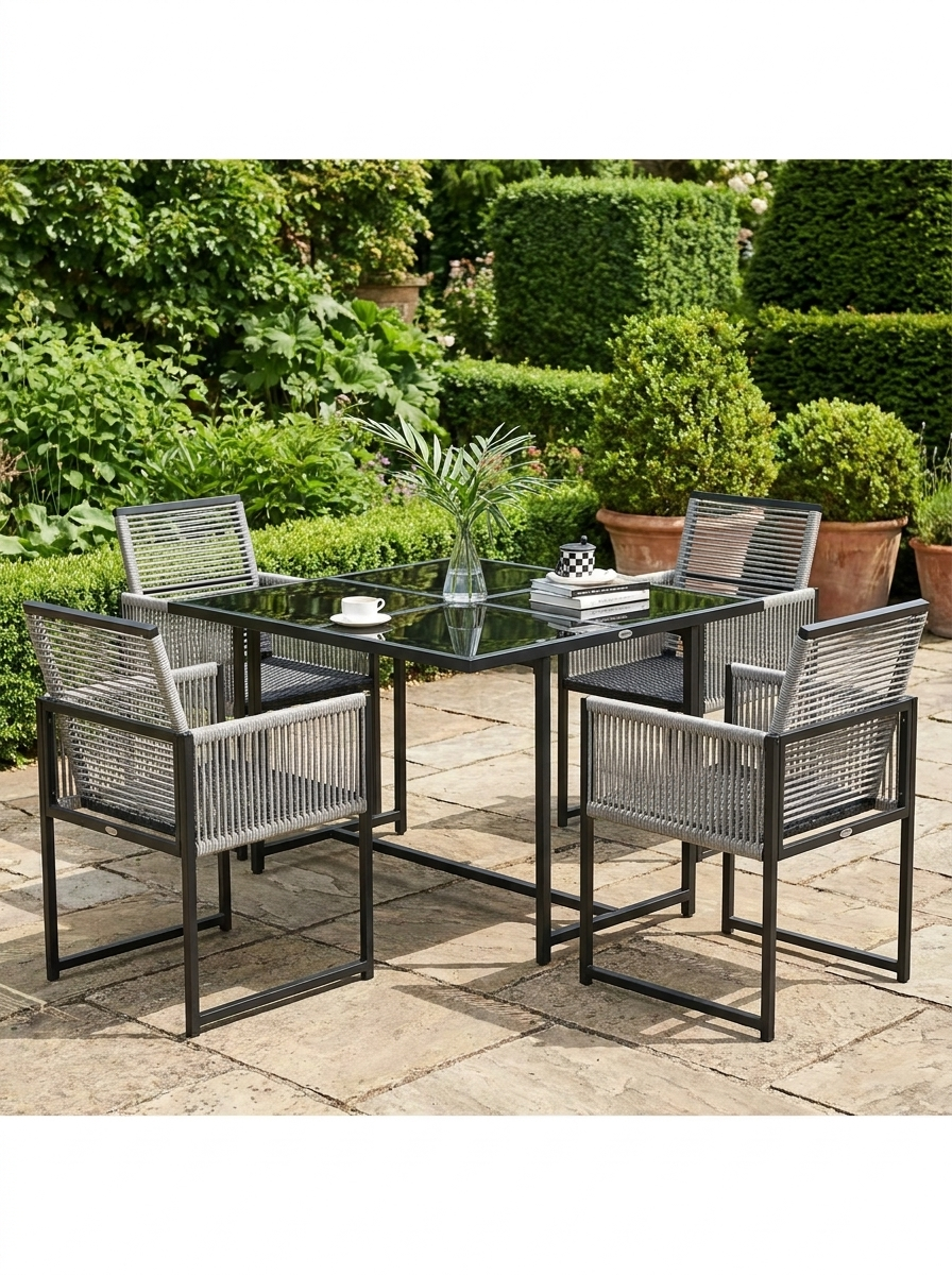 5-Piece Light Grey Metal Dining Set with Folding Back Chairs - Outdoor Patio Furniture