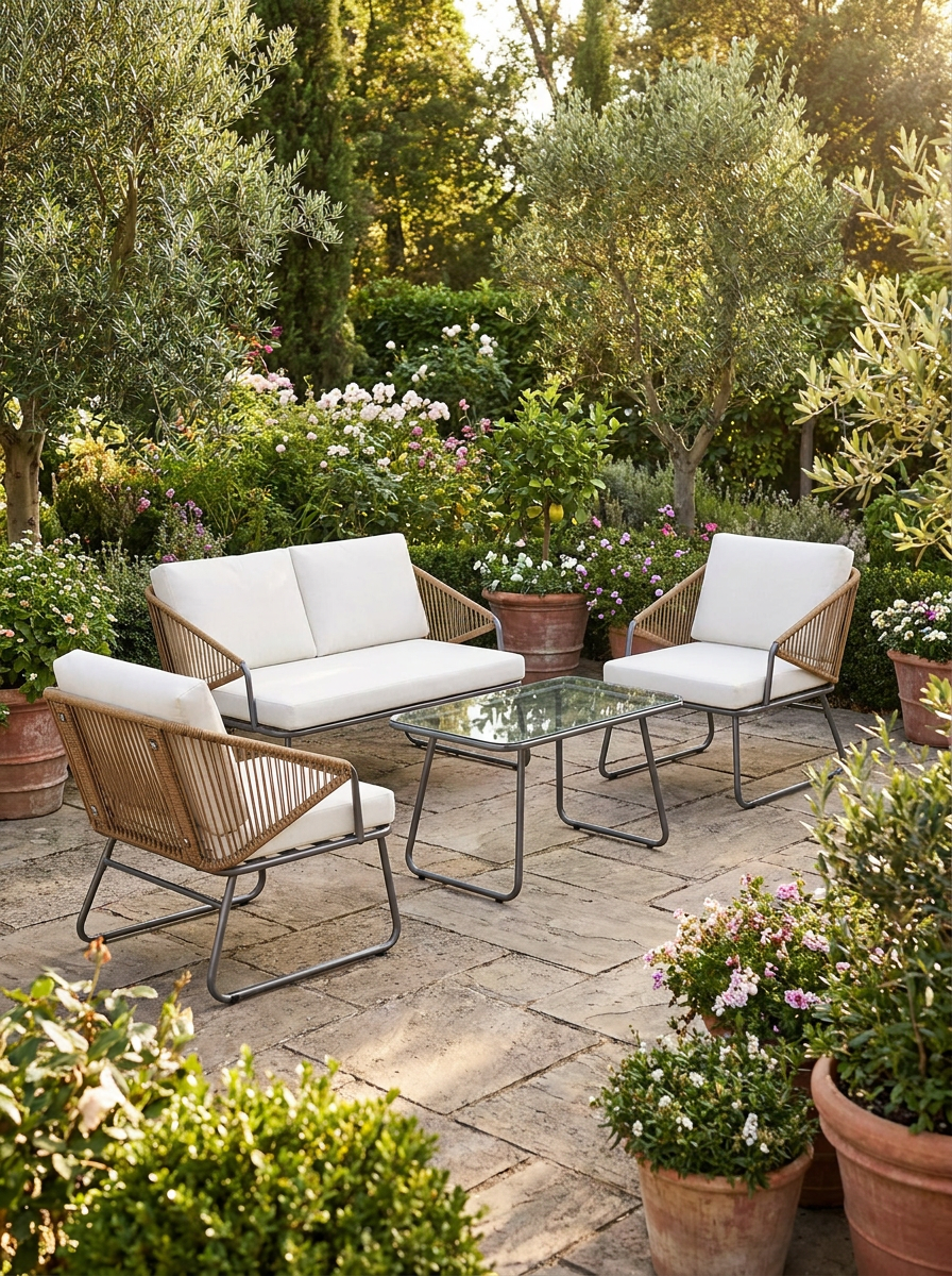 4 Piece Rattan Garden Furniture Set - Brown Rattan Chairs - Ideal for Patio, Conservatory and Balconies