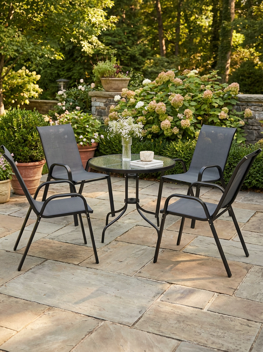 5-Piece Dark Grey Steel Patio Set with Glass-Top Table