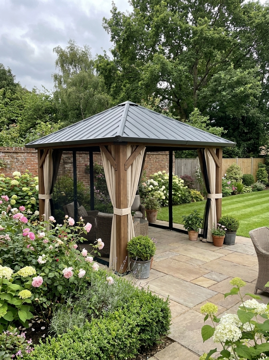 3x3m Hardtop Gazebo - Waterproof Galvanised Steel Roof Pavilion with Netting and Curtains - Walnut Wood Finish Garden Canopy