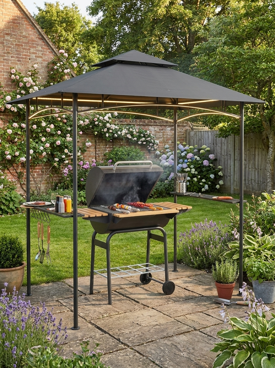 8' x 5' Dark Grey Double Tiered BBQ Grill Gazebo Canopy with LED Lights, 2 Side Shelves and Hooks