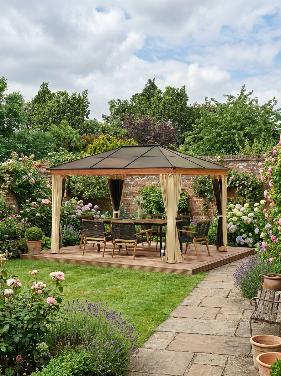 Khaki 3 x 3.6m Hardtop Garden Gazebo with Protective Netting and Convertible Curtains