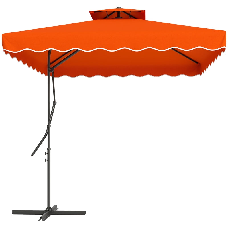 2.5m Cantilever Parasol Umbrella with Easy Lever, Square Double Top, Ruffled Outdoor Sun Shade - Orange