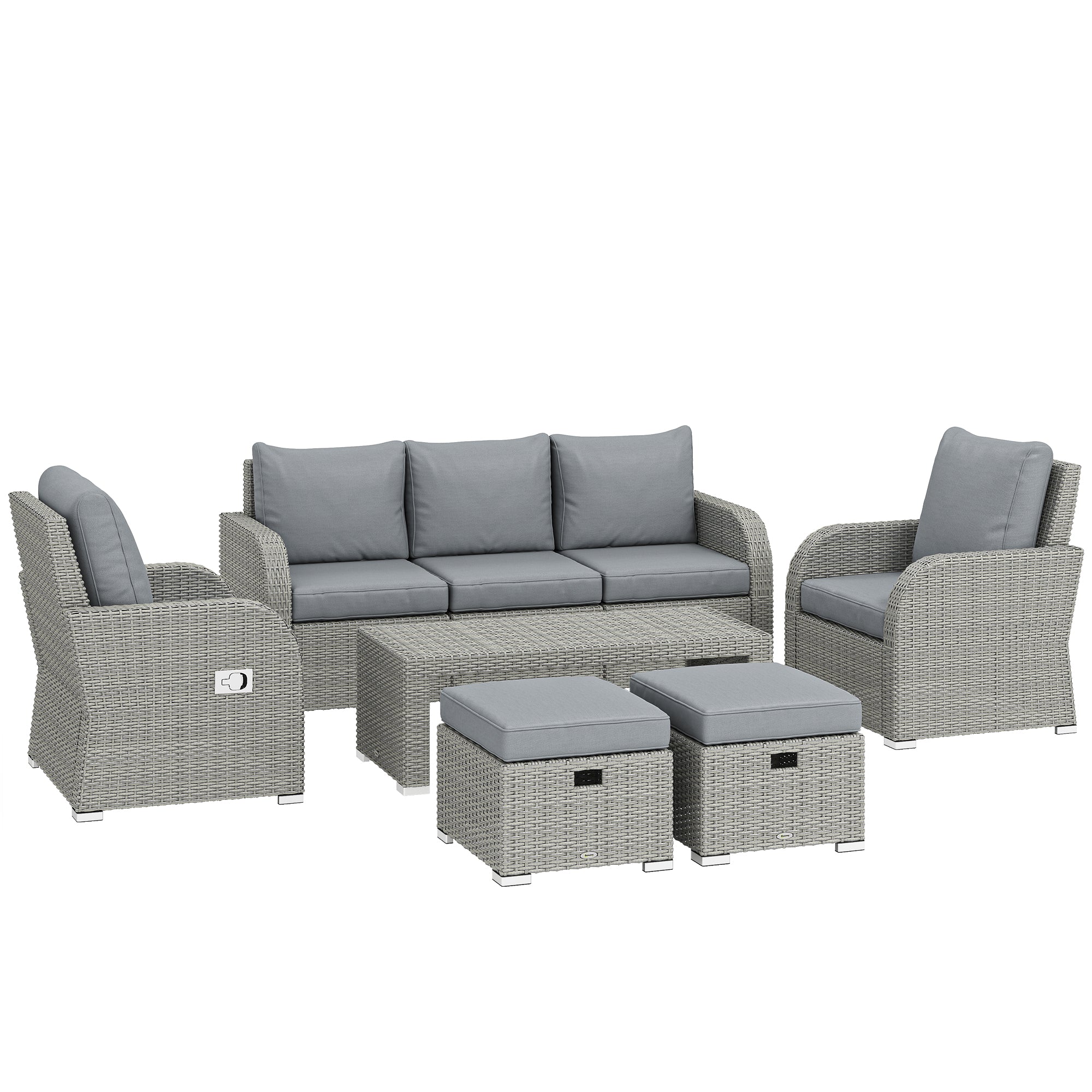 Dark Grey 6-Piece Rattan Garden Lounge Set with Reclining Armchairs, Hidden Footstools & Coffee Table
