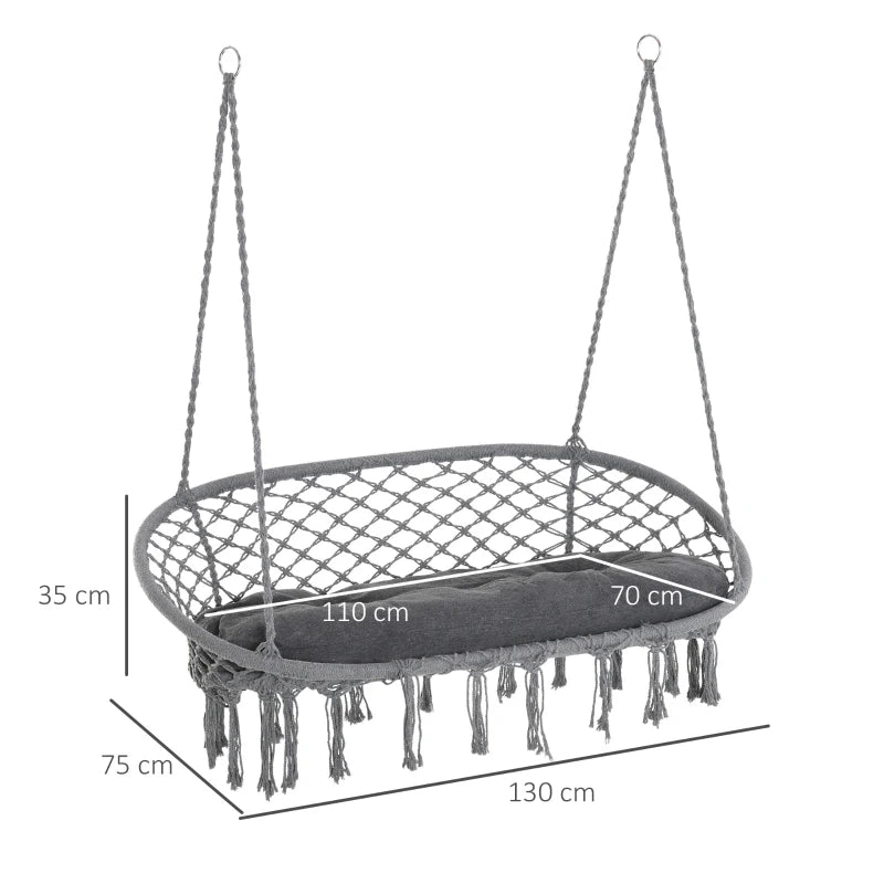 Dark Grey 2-Seater Macrame Hanging Hammock Chair with Soft Cushion