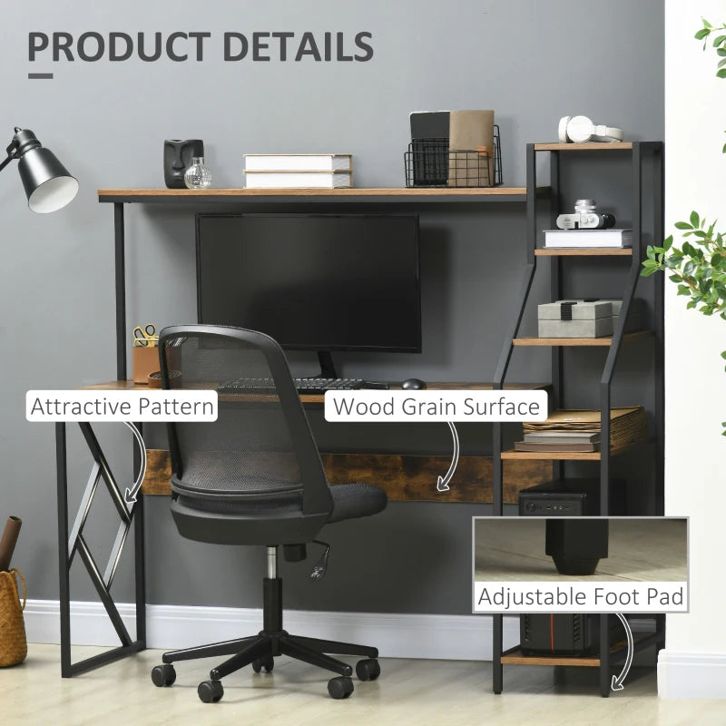 Industrial Computer Desk with Bookshelf - 6-Tier Storage Shelves for Home Office, Bedroom & Study - Rustic Brown, 150x55x138cm