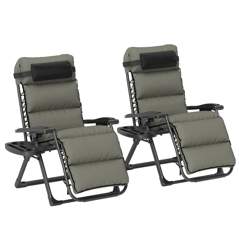 Set of Two Grey Reclining Sun Loungers with Cushions - Adjustable Outdoor Chairs