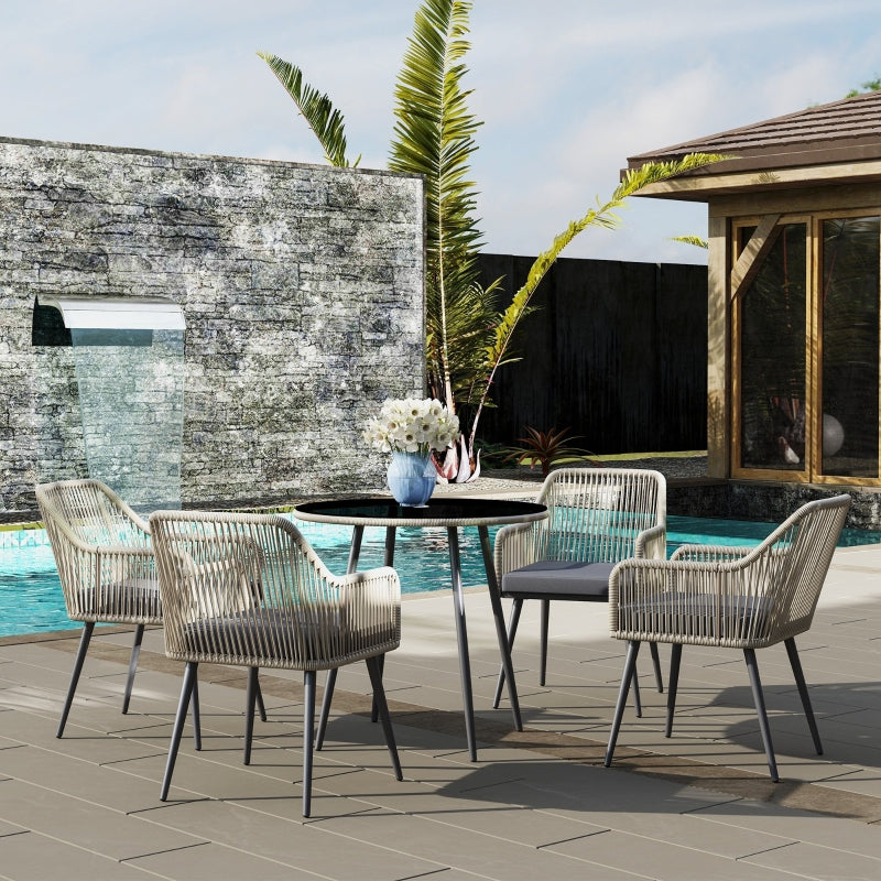 4 Seater Light Brown Rattan Dining Set with Cushions - Outdoor Round Glass Top Table and Chairs for Patio and Balcony