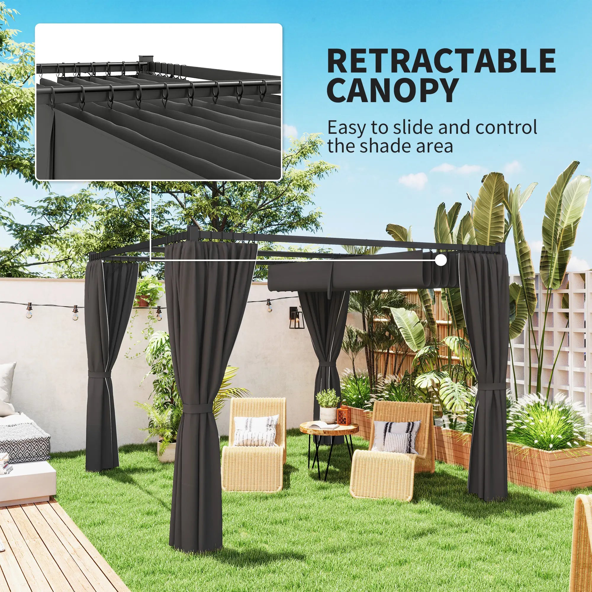 Charcoal 3m x 3m Retractable Pergola Shelter with Curtains - Perfect For patios