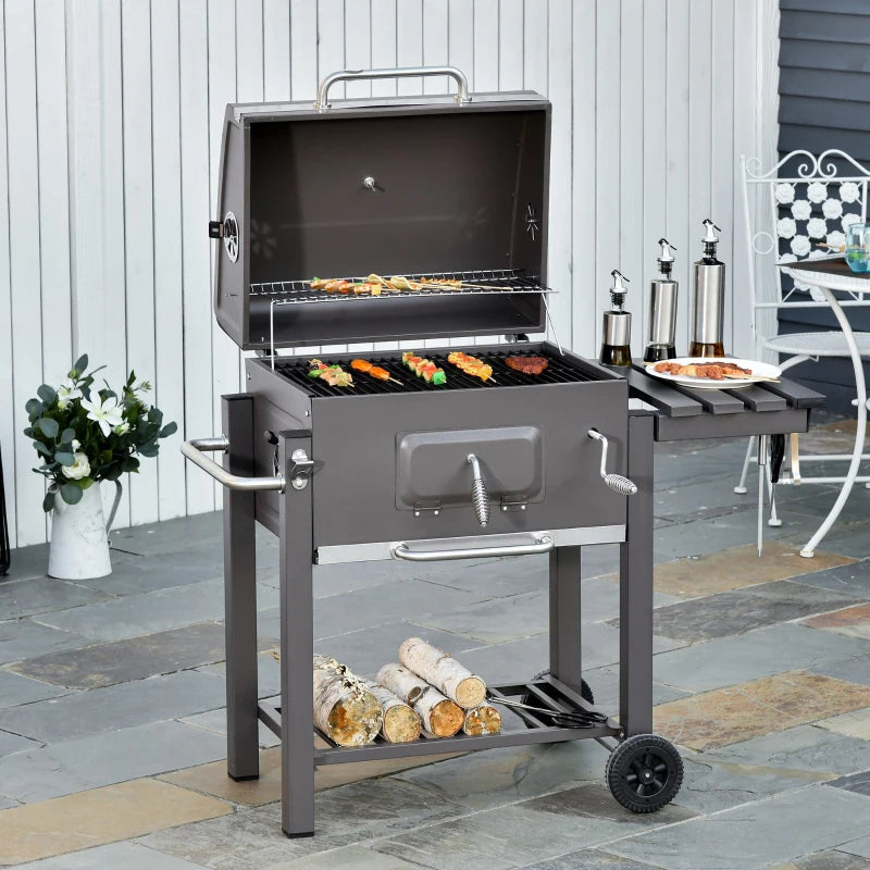 Charcoal BBQ Grill with Adjustable Grate, Smoker, Shelf, Wheels - Black