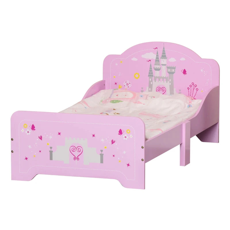 Kids Princess Castle Bed with Side Rails - Pink Home Furniture for Ages 3-6, 143x73x60 cm