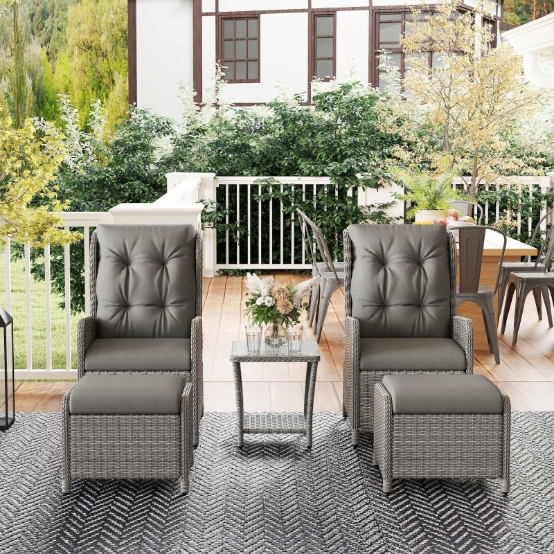 5-Piece Light Grey Rattan Bistro Set - Adjustable Back Reclining Wicker Balcony Furniture with Cushions, Glass Top Coffee Table & Footstools for Outdoor Use