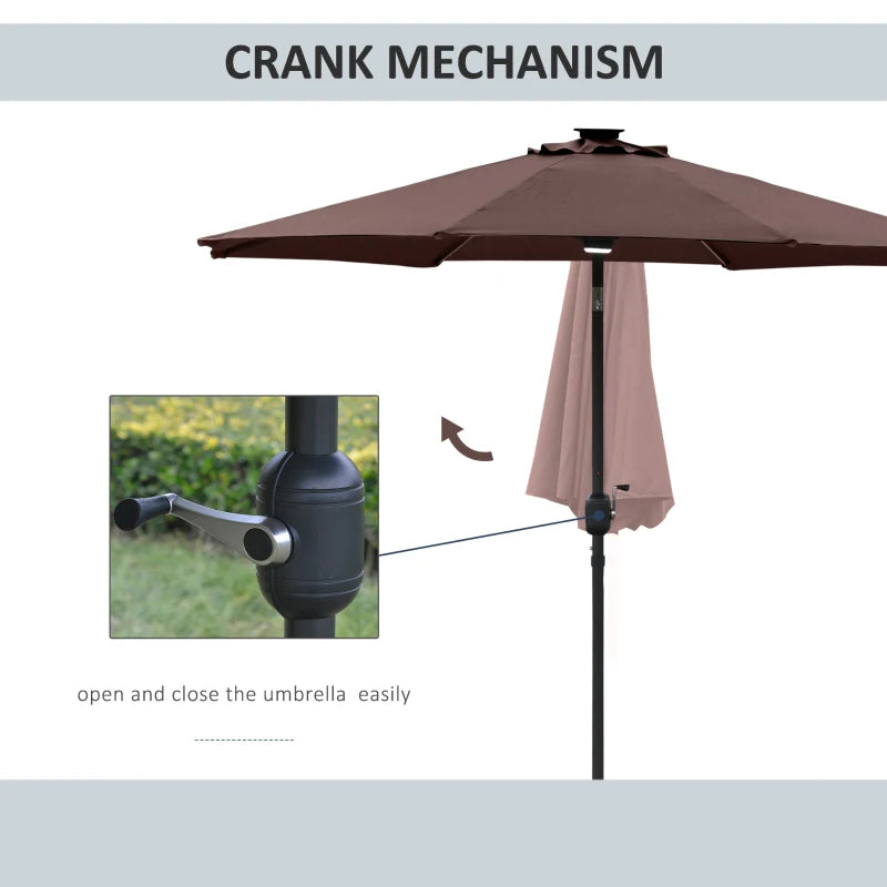 2.7m Solar LED Patio Umbrella with Crank Tilt - Coffee Brown