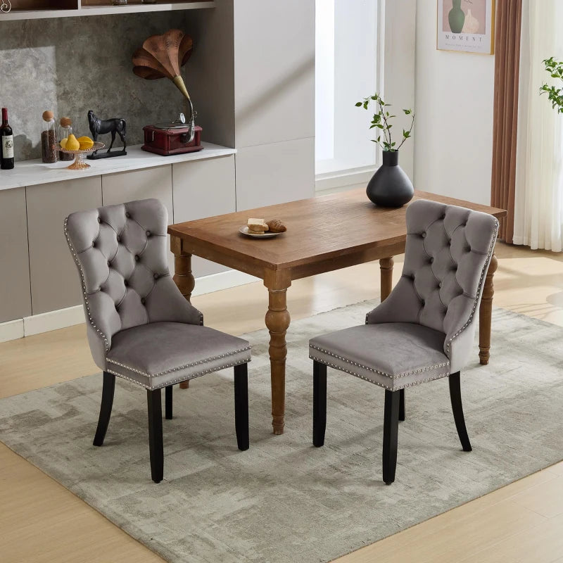Set of 2 Grey Velvet Dining Chairs with Knocker Ring, Button Tufted Backrest & Rubber Wood Legs - Stylish & Comfortable