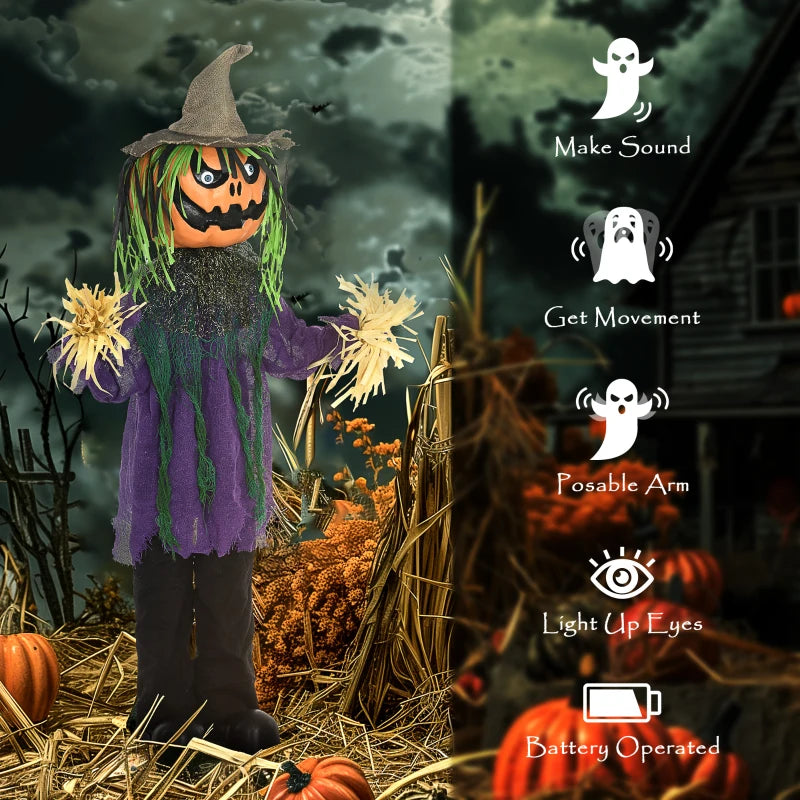 3'6" Pumpkin Scarecrow Halloween Animatronic with Glowing Eyes - Spooky Outdoor Decoration for Halloween Parties