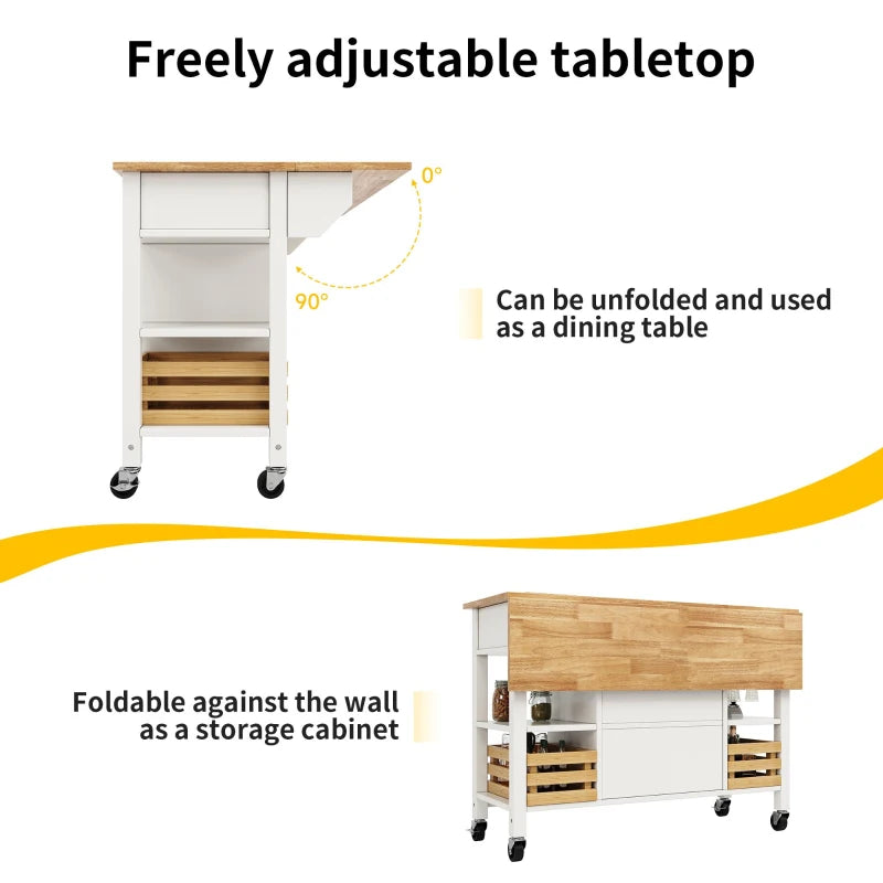 Rolling Kitchen Island Trolley with Adjustable Shelf, 3 Drawers, Spice Rack & Folding Side Board - White, 120x45x90 cm