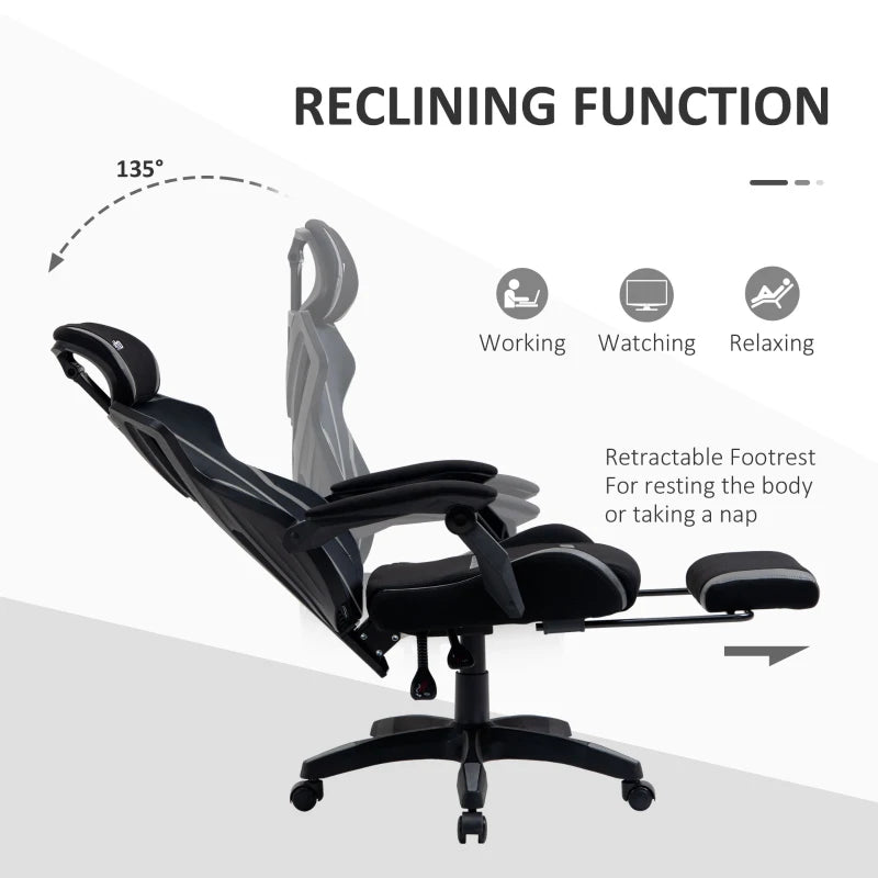 Vinsetto Ergonomic Mesh Office Chair with Footrest & Lumbar Support - Adjustable Height, Swivel Wheels, Black Grey