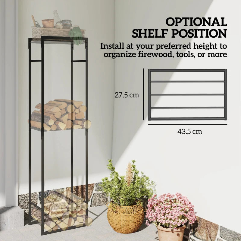 Heavy Duty Metal Firewood Log Holder Rack with Adjustable Shelf - Indoor/Outdoor Fireplace Wood Storage, 45x31x170 cm, Black