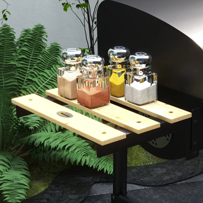 Charcoal BBQ Grill with Thermometer, Shelves, and Wheels - Black