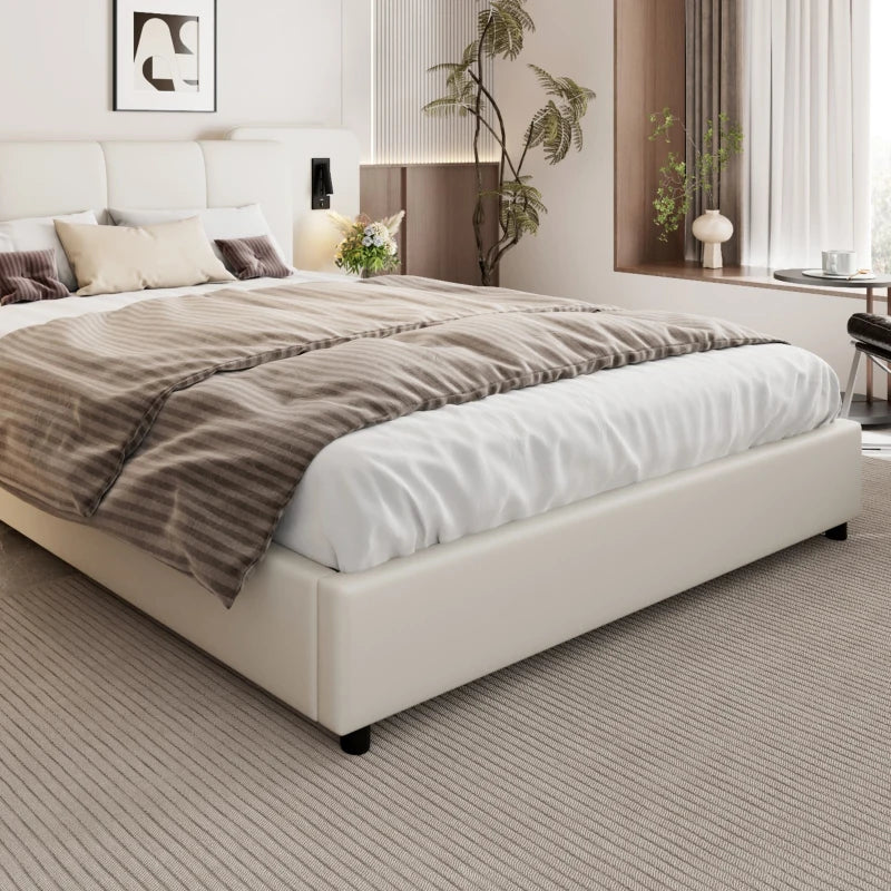 Upholstered Double Bed with Charging Port & Lighting, Impact-Resistant Headboard, 209x221x86.5 cm, Beige - Modern Bedroom Furniture