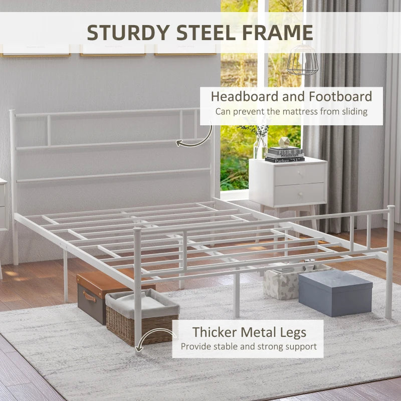 Double Metal Bed Frame with Headboard & Footboard - Solid Slat Support, Underbed Storage, Stylish White Bedroom Furniture