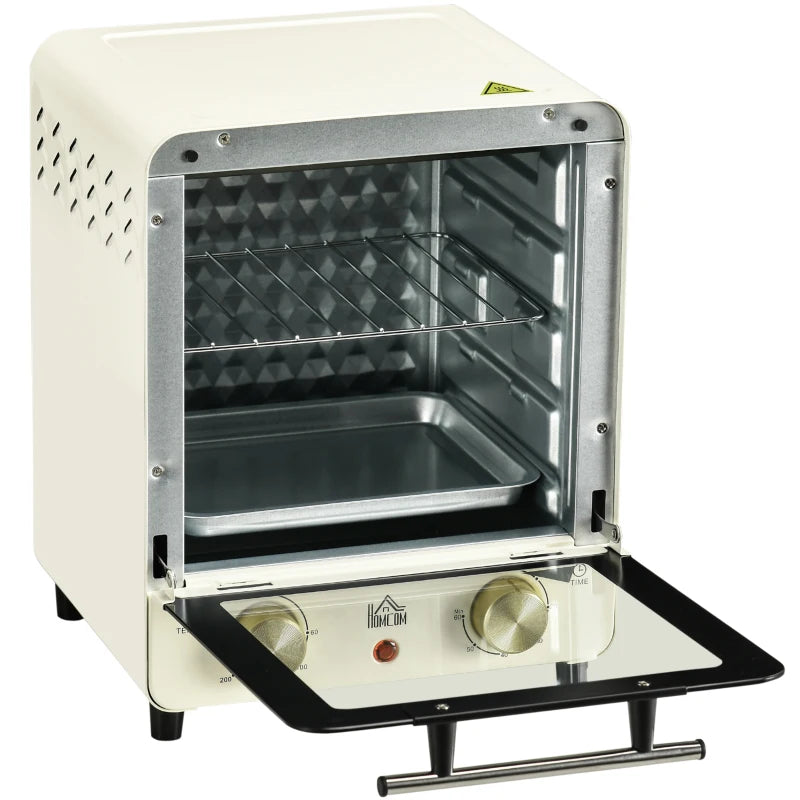 15L Mini Electric Oven & Grill - Adjustable 60-230°C, 60 Min Timer, Includes Baking Tray & Wire Rack, 1000W, Cream White
