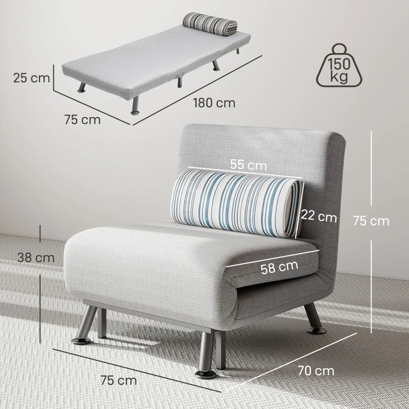 Single Sofa Bed for One Person - Foldable Lounge Chair with Pillow in Grey