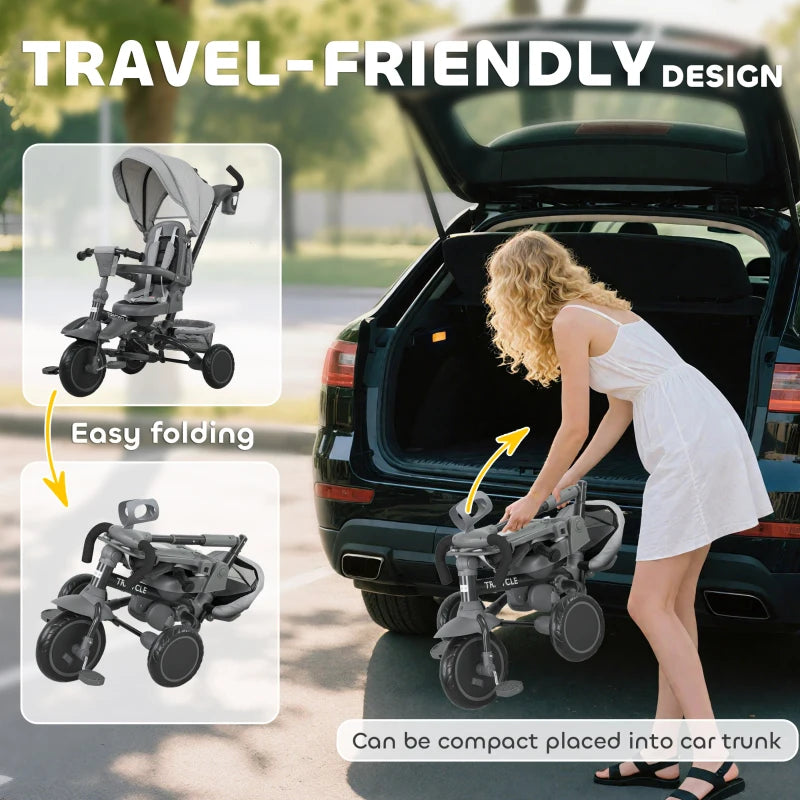 6 in 1 Foldable Kids Trike with Adjustable Parent Handle and Canopy for Ages 1 to 5 Grey