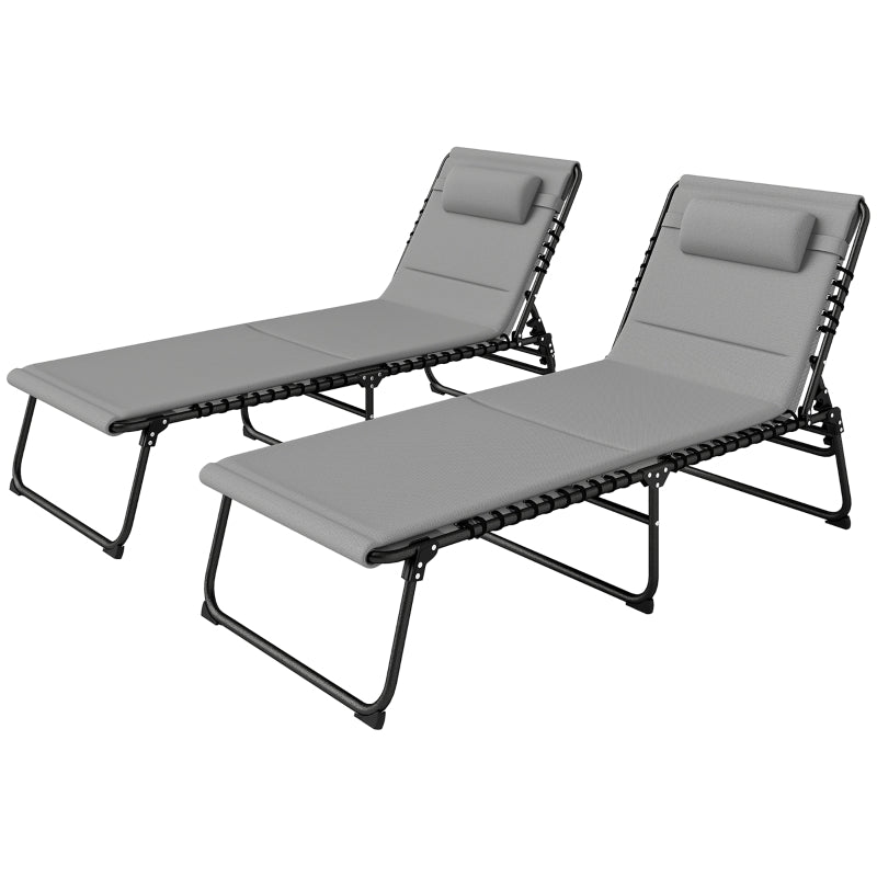 Set of 2 Light Grey Folding Sun Loungers with Quick Drying Pad, Recliner Garden Chairs with Headrest and Side Pocket for Beach and Pool